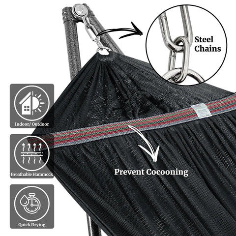 Close-up of the Universal Hammock Stand 600 Lb Capacity, 30 Second Foldable Setup, No Tools Or Screws Needed, showing steel chains.