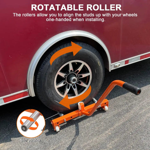 Built Like A Tank Heavy Duty Tire Dolly With 350 Lbs Capacity And Industrial Grade Steel Frame Featuring Smooth Swivel Casters For No Sweat Garage Auto Repair Shop Work, shown aligning tire.