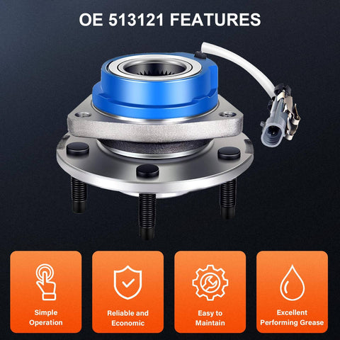 Front Wheel Hub Bearing Assembly 513121 with ABS, 5-lug for Buick, Chevrolet, Cadillac, Oldsmobile, Pontiac - features view