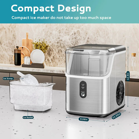 Countertop Nugget Ice Maker With Self Cleaning Function, Sonic Pebble Ice Machine in stainless steel with ice scoop and basket