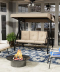 3-Seater Outdoor Porch Swing With Adjustable Backrest And Canopy on patio with beige cushions, convertible to daybed.