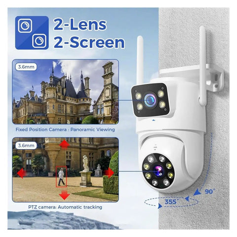 Kickass 6MP Dual Lens WiFi CCTV NVR Surveillance Camera Kit shows dual lens design with 3.6mm lenses for outdoor security.