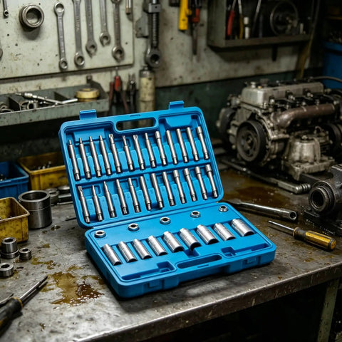 Pro Grade Shock Absorber Strut Wrench Set With Piston Rod Holding Tools Comprehensive Strut Nut Socket Kit CR Build Labeled Pieces For Pro Workshops Easy Suspension Service And Parts Replacement, blue case open