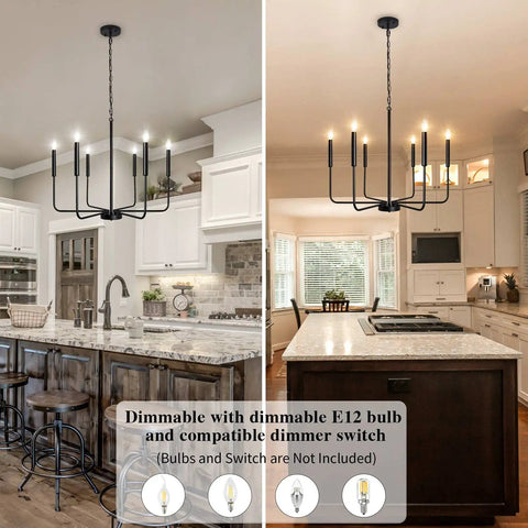 Rustic Matte Black 6 Light Candle Chandelier in kitchen displaying industrial 26 inch ceiling light fixture modern farmhouse style