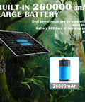 Universal Solar Panel For Trail Cameras And Cellular Hunting Systems With 12 Volt 1 Amp Output, featuring 26000mAh battery and solar panel.
