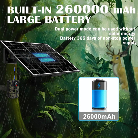 Universal Solar Panel For Trail Cameras And Cellular Hunting Systems With 12 Volt 1 Amp Output, featuring 26000mAh battery and solar panel.