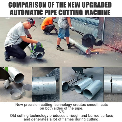 Pro Automatic Pipe Cutting Machine for Copper, PVC and Thin Stainless Tubes in use, showcasing smooth burr-free cuts comparison.