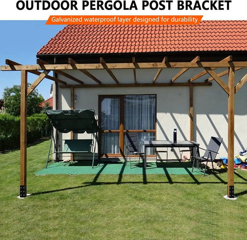 Outdoor pergola with 4 Pack Heavy Duty Concrete Post Anchors for 4x4 and 4x6 posts, steel base with galvanized finish and black powder coat.