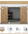 Premium 24ft Heavy Duty Galvanized Steel Exterior Sliding Barn Door Hardware Kit Featuring Rust Free Track Rollers mounted on two wooden doors.