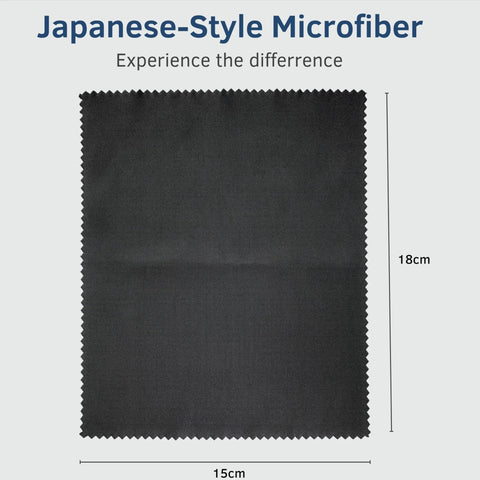 Front view of black Japanese-style microfiber glasses cleaning cloth, 15×18 cm with pinked edges