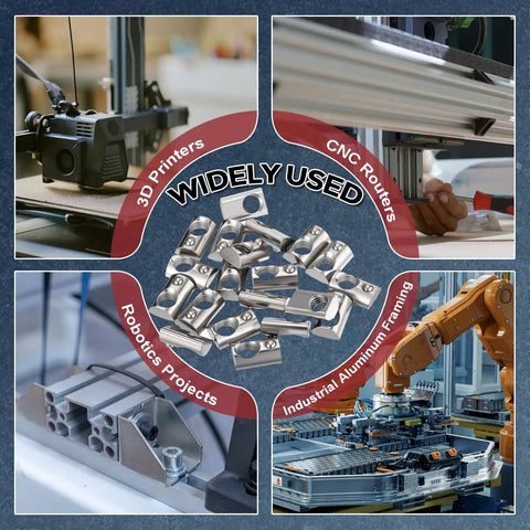 Image showing applications of 100 Piece Half Round Spring T Nuts M6 Metric Roll In T Bolt in 3D printers, CNC routers, robotics, and aluminum framing.