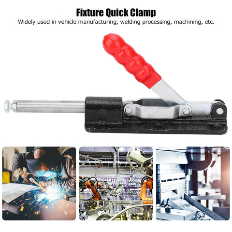 Beefy Quick Release Toggle Clamp With 1278 Lbs Holding Power shown with red handle and metallic body for industrial use