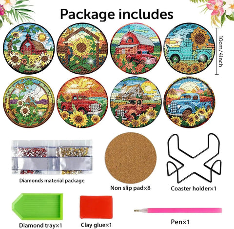 Fall Diamond Art Coaster Kit For Adults Eight Piece Set With Holder Cork Bases And Diamond Pens DIY Diamond Painting Coasters Featuring Sunflower Floral Truck Designs 4x4 Inches Beginner Friendly Super Easy Starter Set package contents.