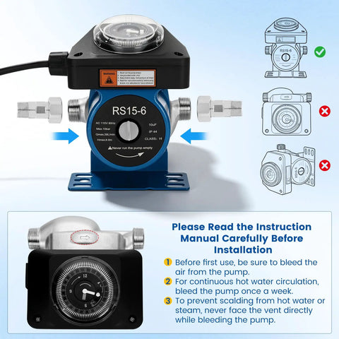Instant Hot Water Delivery Recirculation Pump Replacement Kit With Durable Brass Valves and Quick Connect Lines, 110V motor, showing installation instructions.