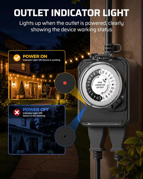 Solid 24 Hour Mechanical Timer Outlet Featuring Dual Grounded Outlets And 15 Amp Capacity for yard work shows indicator lights for power status.