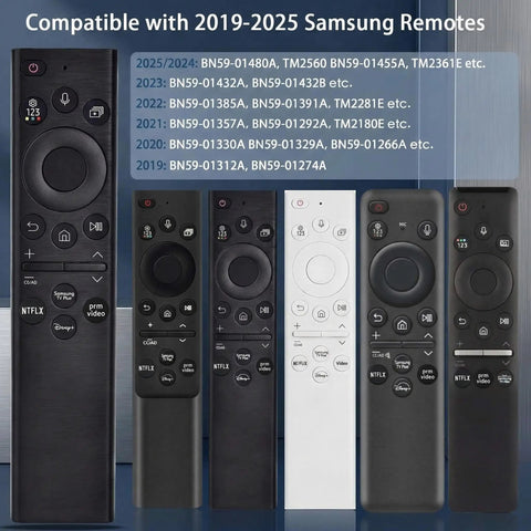 Voice Remote Replacement For Samsung Smart TV With Easy Setup And Voice Control Netflix Disney Plus And Prime Video Buttons Universal Remote For Frame Neo QLED Crystal UHD QLED The Serif The Sero 2019 To 2025 TVs displayed in multiple designs.