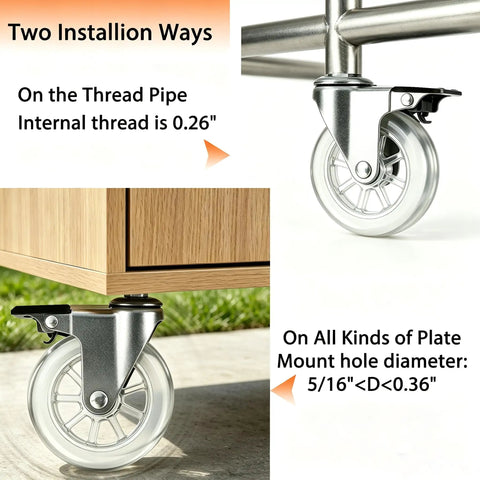 Badass 4-Inch Crystal Clear Caster Wheels With Brake M8x25mm Stem heavy duty caster showing installation options with clear wheels and mount details.