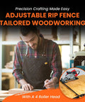 Woodworker using rolling circular saw guide with adjustable rip fence for smooth cuts on wooden board