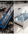 Heavy Duty Black Drawer Slides Providing Rock Solid Stability With Whisper Quiet Soft Close Runners Smooth Gliding Tracks For Kitchen Cabinets And Office Desks 22 Inch Five Pair Pack showing rustproof design with water and drawer loaded with two water bottles.