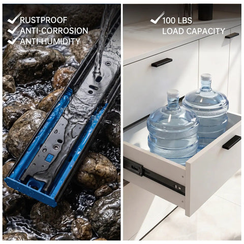 Heavy Duty Black Drawer Slides Providing Rock Solid Stability With Whisper Quiet Soft Close Runners Smooth Gliding Tracks For Kitchen Cabinets And Office Desks 22 Inch Five Pair Pack showing rustproof design with water and drawer loaded with two water bottles.