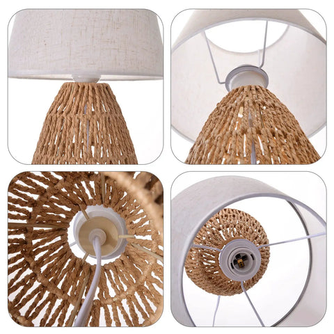 Close-up views of Natural Jute Rope Table Lamp With Boho Farmhouse Coastal Vibe, highlighting flaxen fabric and sustainable materials