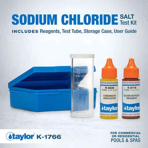 Hassle Free Pool And Spa Drop Test Kit For Sodium Chloride Saltwater Testing includes blue storage case, test tube, and reagents.