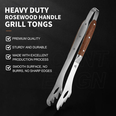 Heavy Duty Rosewood Handle BBQ Grill Tongs Measuring 16.7 Inches Long, Premium Stainless Steel Grilling Tool For Outdoor Barbecues