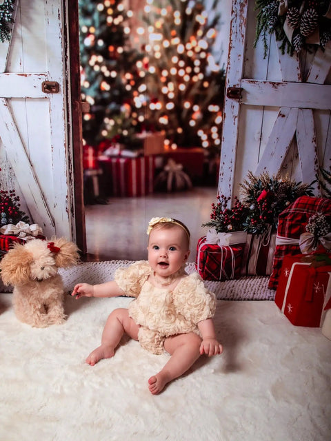 Slick White Barn Door Photography Backdrop For Studio Sessions And Indoor Portraits Seamless Microfiber Photo Background Wall Cover With Light Blocking Build And Zero Sweat Setup For Clean Shots featuring a baby and plush dog.
