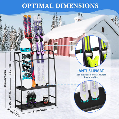 Freestanding Heavy Duty Ski And Snowboard Rack For Garage Storage Holds Four Full Sets Of Gear in winter setting, displaying skis and gear
