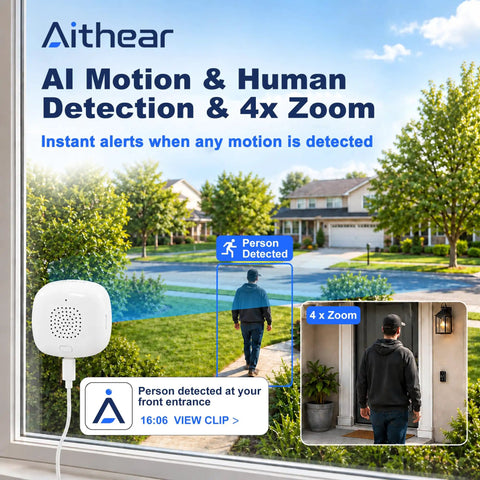 No Drills Necessary Two Pack 2K Window Security Cameras Indoor Home Surveillance For Round The Clock Ai Person Detection And Vivid Color Night Vision With Dual Band Wifi Recording And Solid Guard - 2K camera detecting person through window.