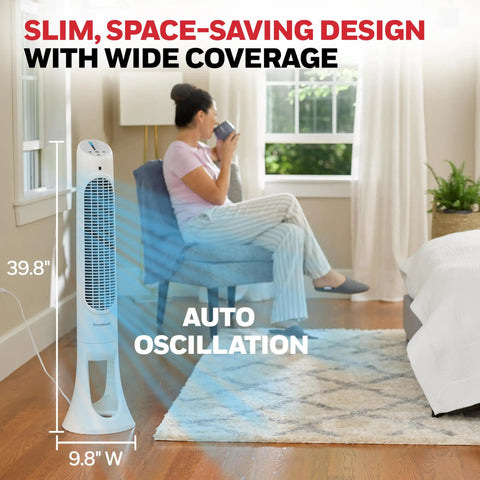 Keep The House Chilled Lowkey Whisper Quiet Oscillating Tower Fan With Full Digital Remote Control Large Room Air Circulator In Sleek White Finish, 39.8" tall, 9.8" wide design.