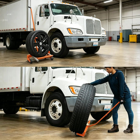 Hardcore Tire Dolly With Adjustable Handle And Slick Rolling Casters For Taking On Heavy Loads Without Breaking A Sweat Built Solid Steel Design shown handling a truck tire.