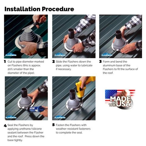 Installation steps for Gray Silicone Roof Jack Flashing Boot For Round Pipe OD 5 to 9 Inches, Made in USA