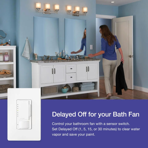 Bathroom with maestro LED plus motion sensor dimmer switch, white finish, XCT sensing technology, woman exiting, wall plate shown