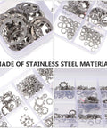 Assorted stainless steel serrated lock washers with internal/external teeth in a compartmented box for automotive and machinery use.