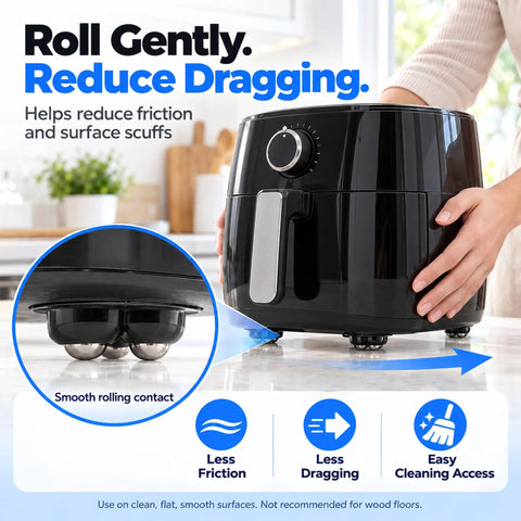 Close-up of 12 Piece Self Adhesive Appliance Sliders Smooth As Butter Casters under an air fryer showing smooth rolling for easy movement.