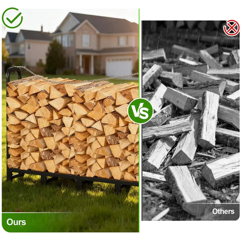 8Ft Heavy Duty Firewood Rack With Cover For Indoor And Outdoor Use showcasing neatly stacked logs next to messy pile in backyard