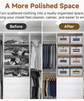 Top Shelf Fabric Storage Bins With Clear Mesh Windows And Tough Pull Handles Level Up Your Closet Game In Clean Grey Four Pack, organized closet before and after.