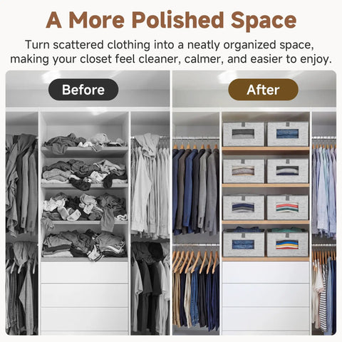 Top Shelf Fabric Storage Bins With Clear Mesh Windows And Tough Pull Handles Level Up Your Closet Game In Clean Grey Four Pack, organized closet before and after.