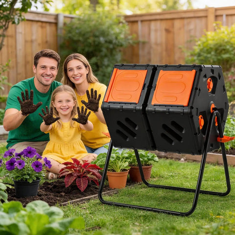 Two Chamber Outdoor Compost Bin With 170L Capacity, Dual Reversing Drum next to a family in a garden