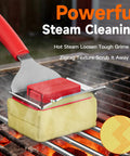 Safe No Wire Grill Brush With Scraper For Outdoor Grill Cleaning Steam Safe Cleaner in use on grill grate