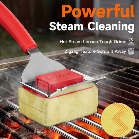 Safe No Wire Grill Brush With Scraper For Outdoor Grill Cleaning Steam Safe Cleaner in use on grill grate