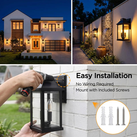 Solar Outdoor Wall Lights For Porch And Patio Two Pack Triple Panel Design mounted on wall during installation.
