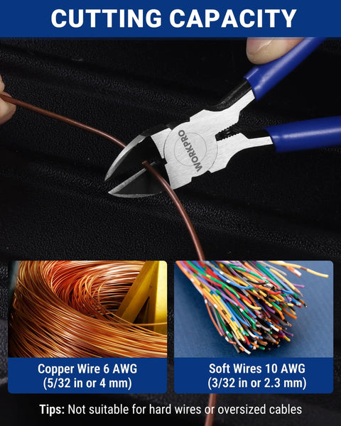 Six Piece Wire Cutters Set With Six Inch Precision Flush Cutters Plus Side Cutters crafted for cutting 6 AWG and 10 AWG wires.