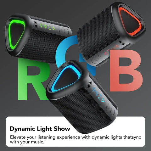 Portable Bluetooth Speaker With Led Light And Outdoor Ready Design Delivers Deep Bass And Beast Mode Power With 24 Hour Playtime IPX7 Waterproof Built For Travel Sports Parties And Biking showing RGB LED lighting effect
