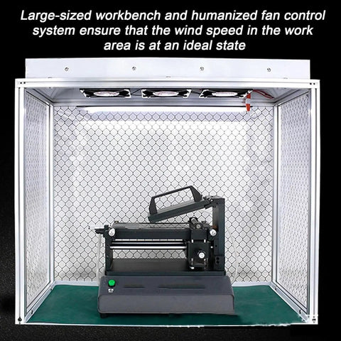 Pro Grade Clean Room Workbench Featuring Triple Fan Draft And Electrostatic Curtain, Heavy Duty Aluminum Lab Bench for clinical testing with large bench and fan system.