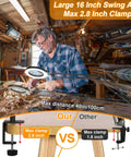 Man using Big 8X Magnifying Glass With Light And Stand Clamp On LED Desk Lamp Arm in workshop for detailed woodwork