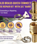 No Sweat Garden Hose Repair Kit Featuring Integrated Quick Connect Fittings For Real Smooth Water Hose Inline Splicing 3/4" brass barb.