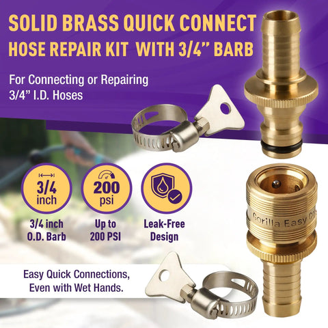 No Sweat Garden Hose Repair Kit Featuring Integrated Quick Connect Fittings For Real Smooth Water Hose Inline Splicing 3/4" brass barb.