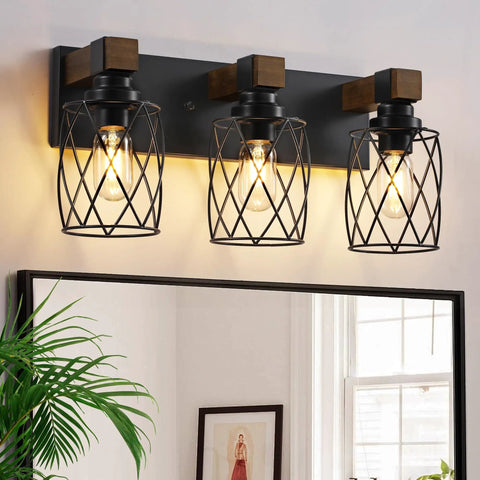 Farmhouse Vanity Light Three Light Wood Over Mirror Fixtures Black Industrial Metal Shade Rustic Bathroom Lighting decor